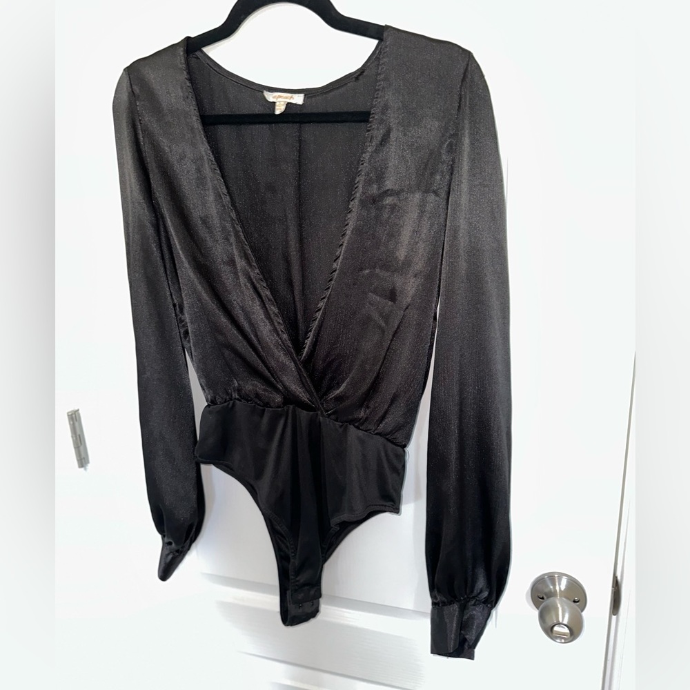 Deep V  black Satin bodysuit